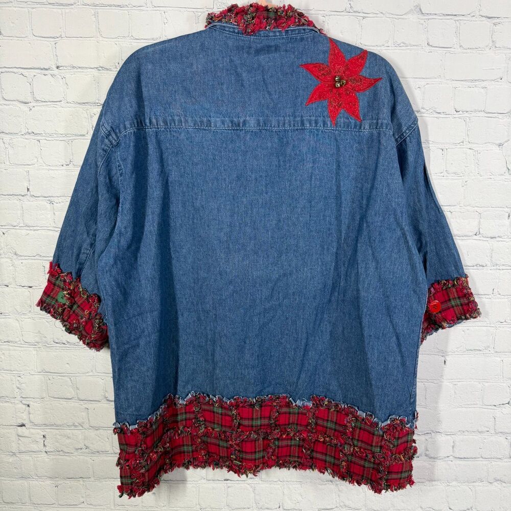 Sierra Pacific Large Denim Christmas Shirt Poinsettia Plaid Holiday Applique - Picture 3 of 11